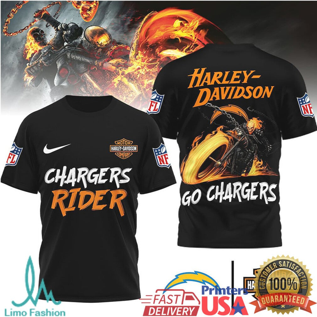Los Angeles Chargers Official NFL Ghost Rider Harley Davidson 3D Shirt - Limotees LLC