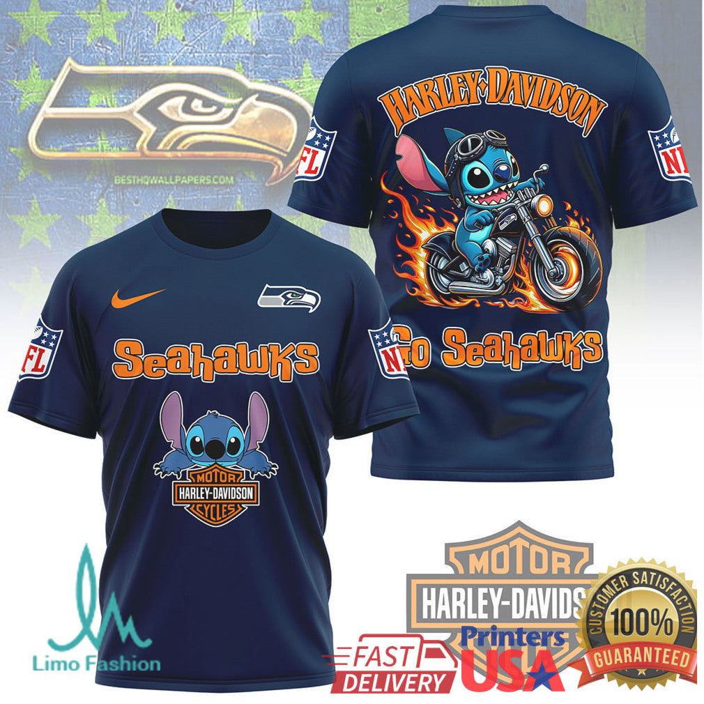 Seattle Seahawks Official NFL Stitch Harley Davidson 3D Shirt - Limotees LLC