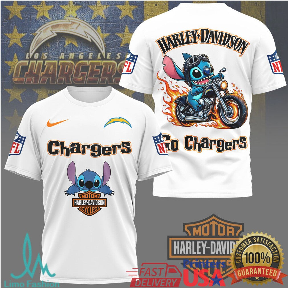 Los Angeles Chargers Official NFL Stitch Harley Davidson 3D Shirt - Limotees LLC