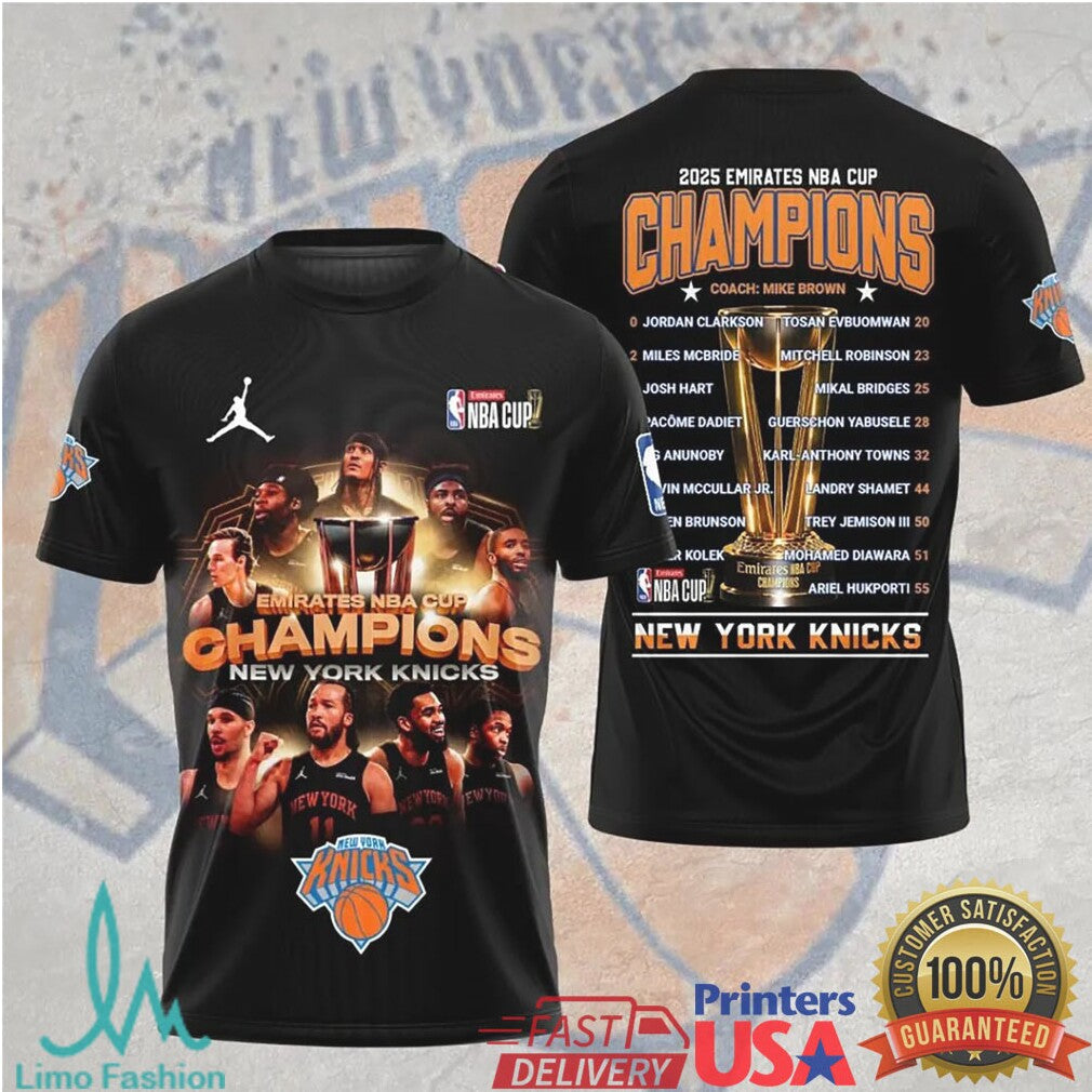 2025 Emirates NBA Cup Champions New York Knicks Full Roster Black T Shirt - Limotees LLC