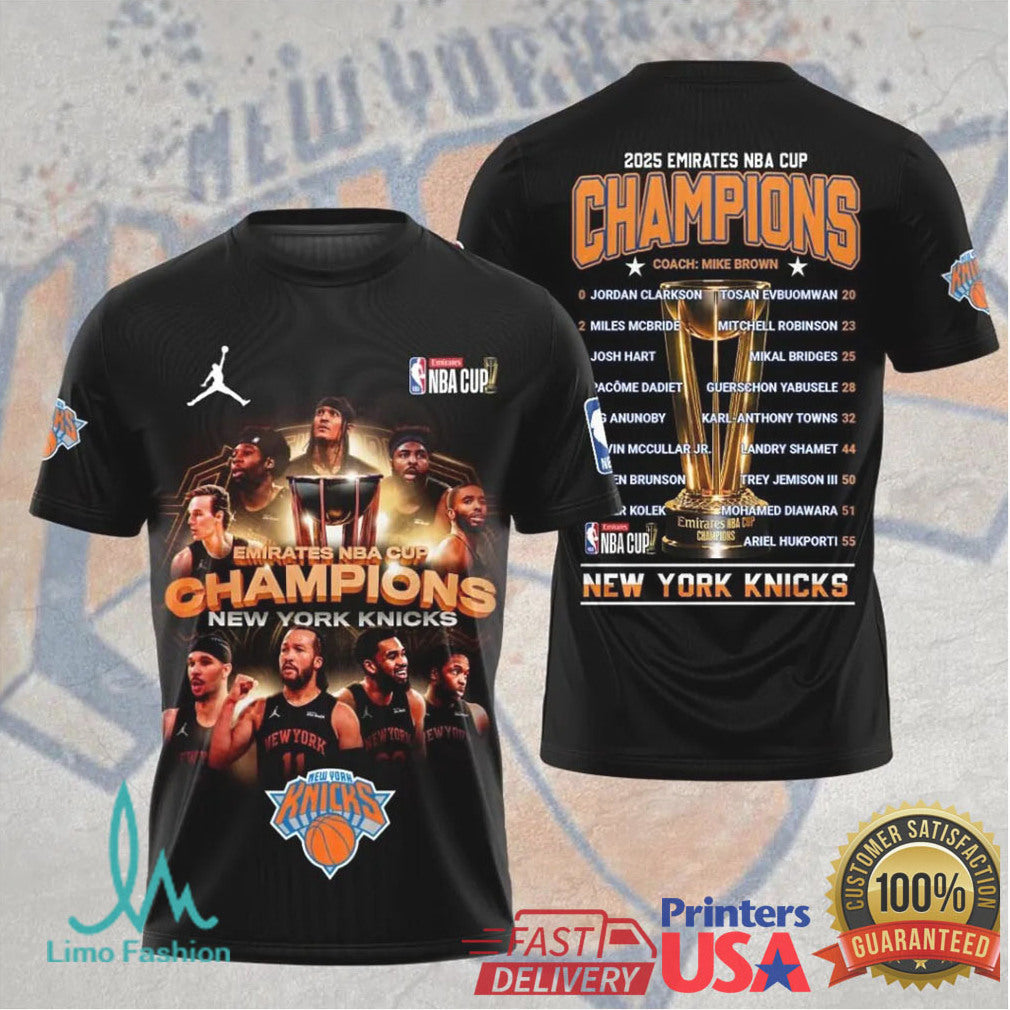 2025 Emirates NBA Cup Champions New York Knicks Full Roster Black T Shirt - Limotees LLC