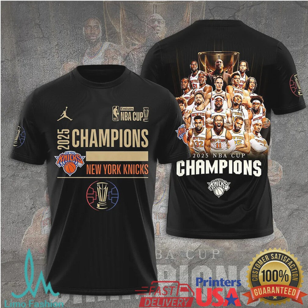2025 NBA Cup Champions NY Knicks Black 3D Graphic Championship Apparel T Shirt - Limotees LLC