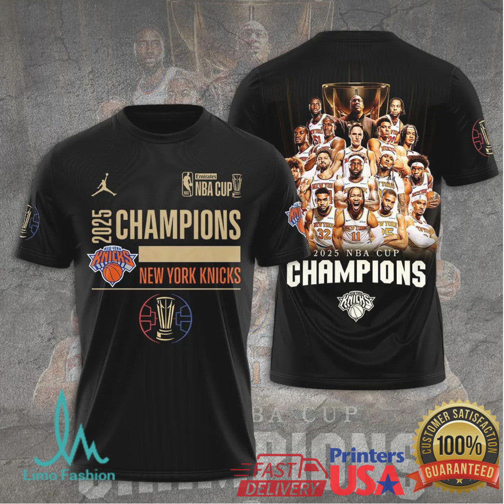 2025 NBA Cup Champions NY Knicks Black 3D Graphic Championship Apparel T Shirt - Limotees LLC