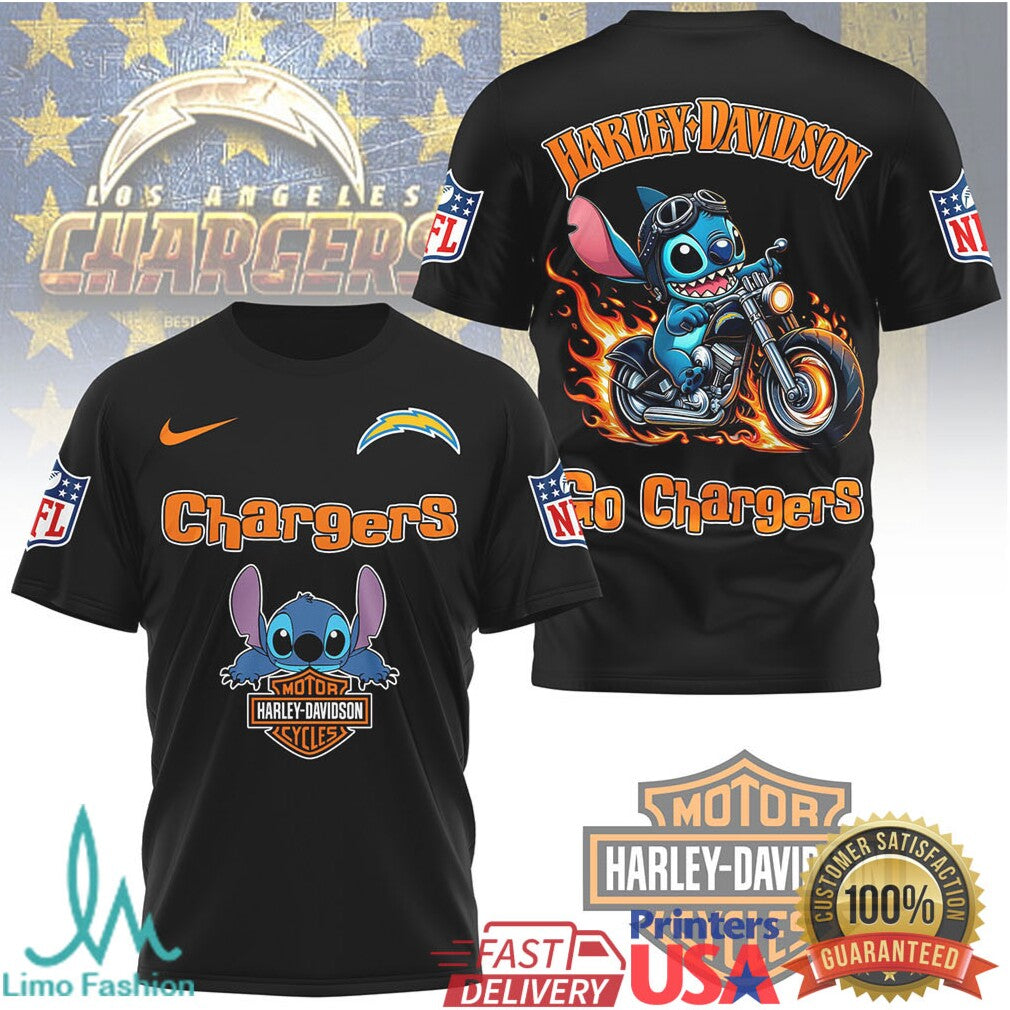 Los Angeles Chargers Official NFL Stitch Harley Davidson 3D Shirt - Limotees LLC