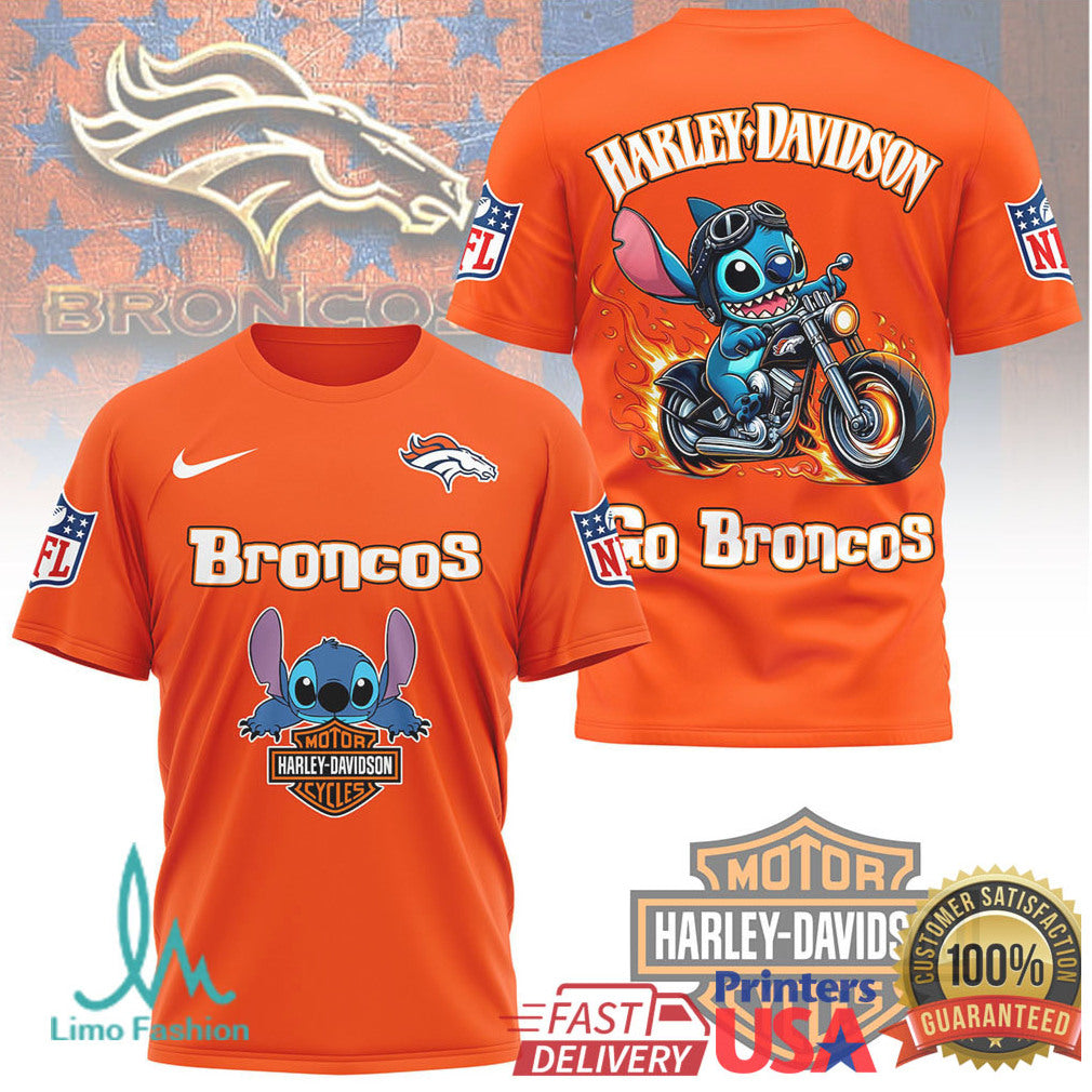 Denver Broncos Official NFL Stitch Harley Davidson 3D Shirt - Limotees LLC