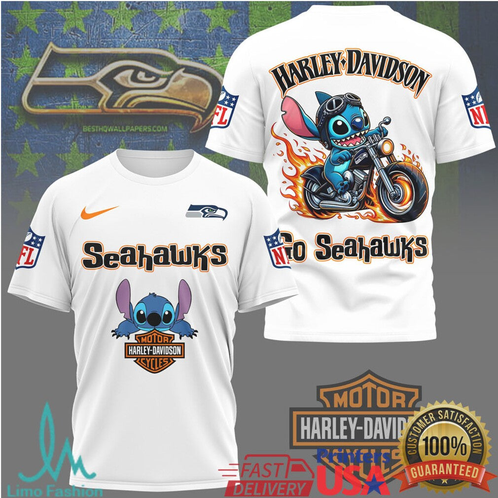 Seattle Seahawks Official NFL Stitch Harley Davidson 3D Shirt - Limotees LLC