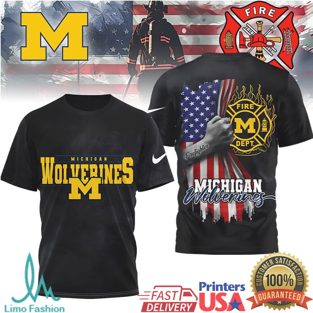 Michigan Wolverines Firefighter American Flag Hero Graphic T Shirt - Limotees LLC