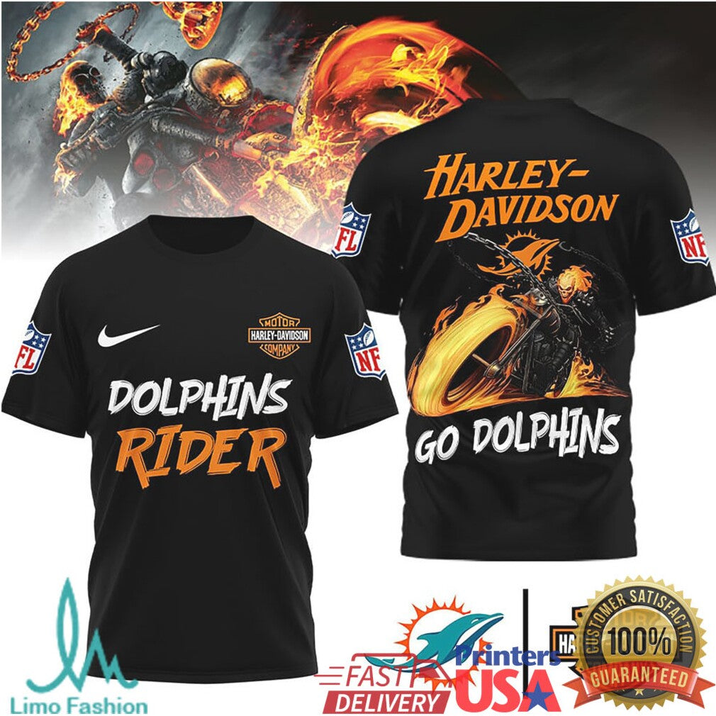 Miami Dolphins Official NFL Ghost Rider Harley Davidson 3D Shirt - Limotees LLC