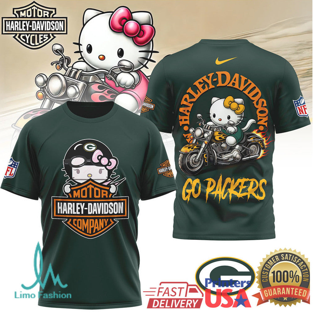 Green Bay Packers Official NFL Hello Kitty Harley Davidson 3D Shirt - Limotees LLC