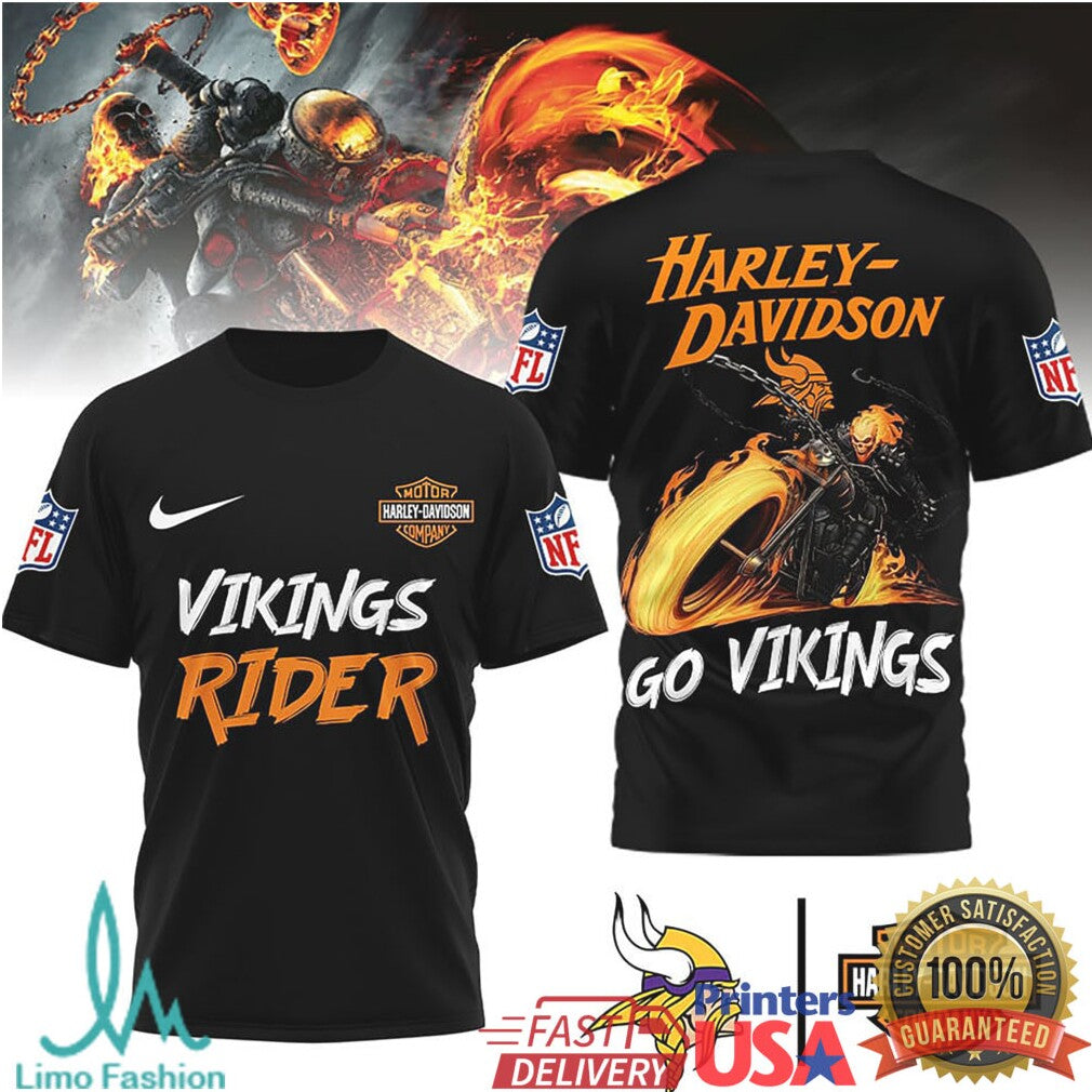 Minnesota Vikings Official NFL Ghost Rider Harley Davidson 3D Shirt - Limotees LLC