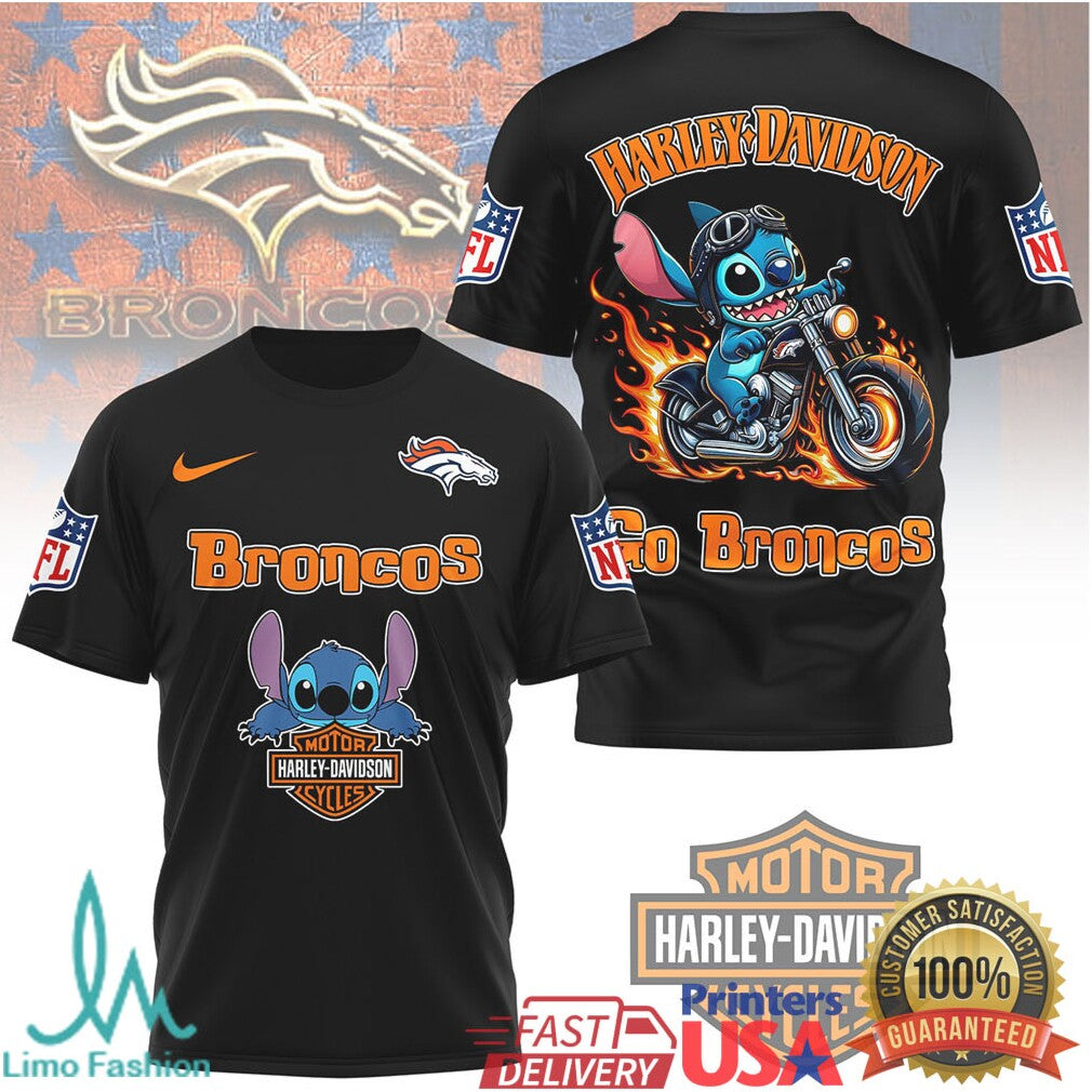 Denver Broncos Official NFL Stitch Harley Davidson 3D Shirt - Limotees LLC