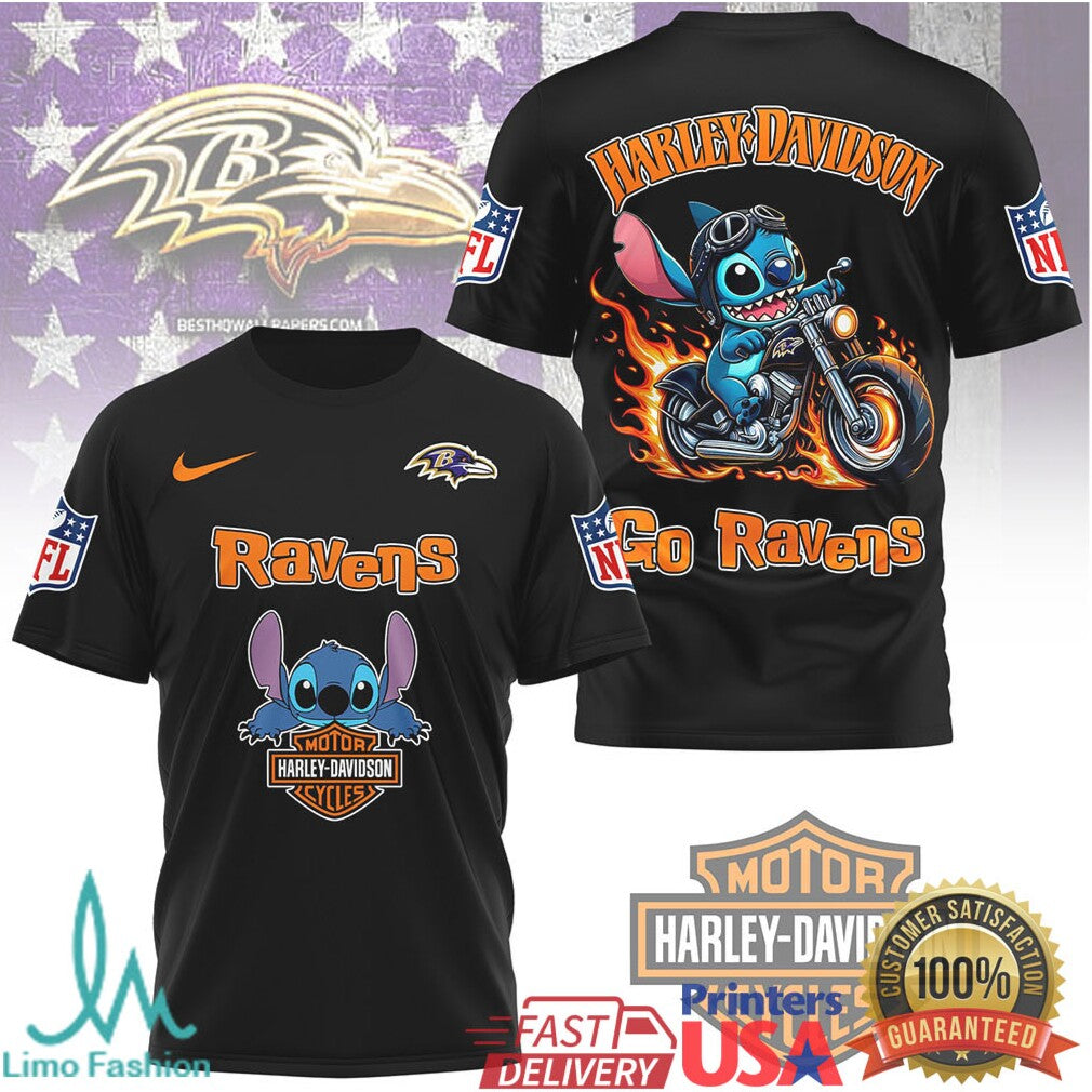 Baltimore Ravens Official NFL Stitch Harley Davidson 3D Shirt - Limotees LLC