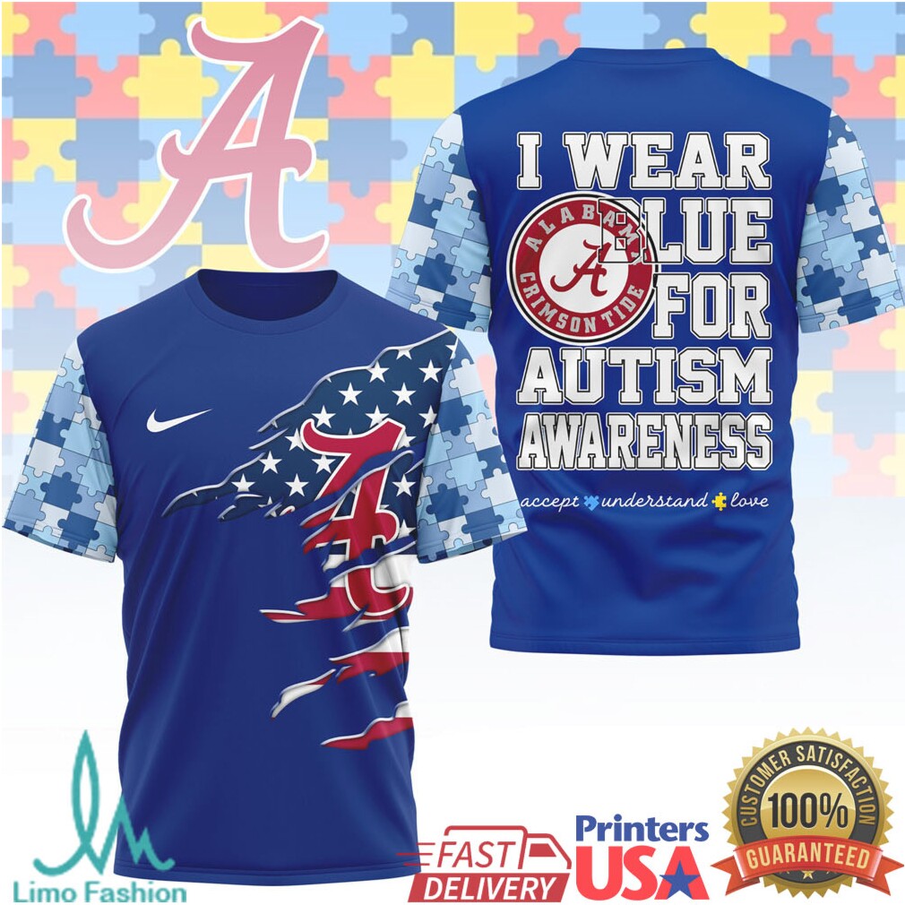Alabama Crimson Tide Autism Awareness “I Wear Blue” Support T Shirt - Limotees LLC