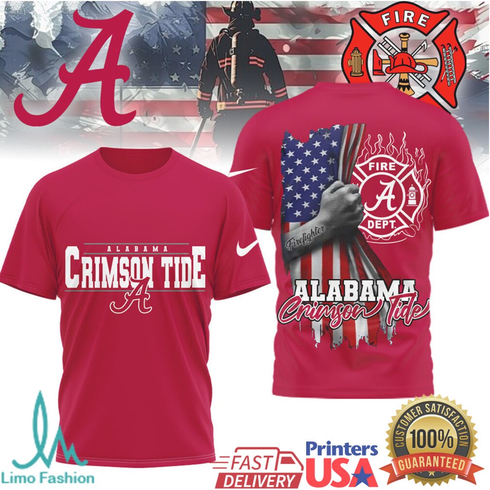 Alabama Crimson Tide Firefighter Patriot USA Flag NCAA T Shirt - Limotees LLC