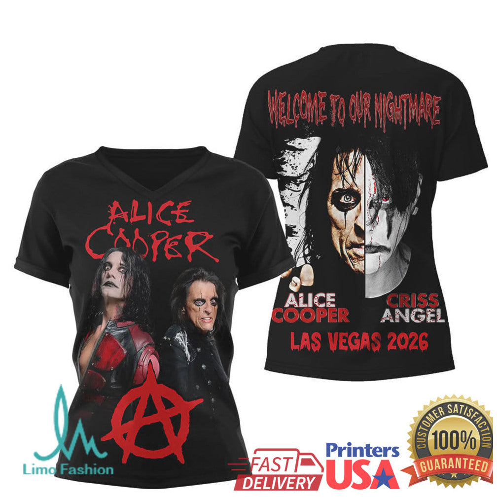 Alice Cooper & Criss Angel Las Vegas 2026 “Welcome To Our Nightmare” V Neck T Shirt - Limotees LLC