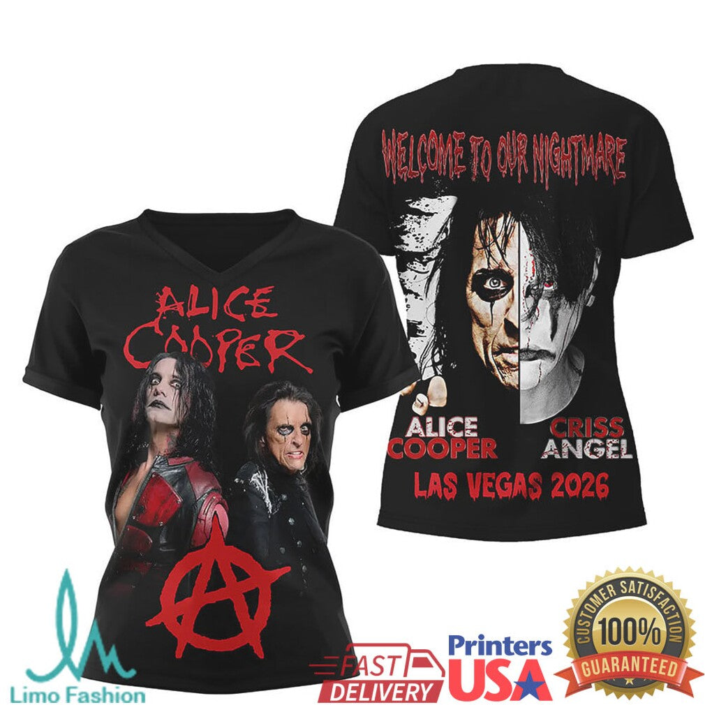 Alice Cooper & Criss Angel Las Vegas 2026 “Welcome To Our Nightmare” V Neck T Shirt - Limotees LLC