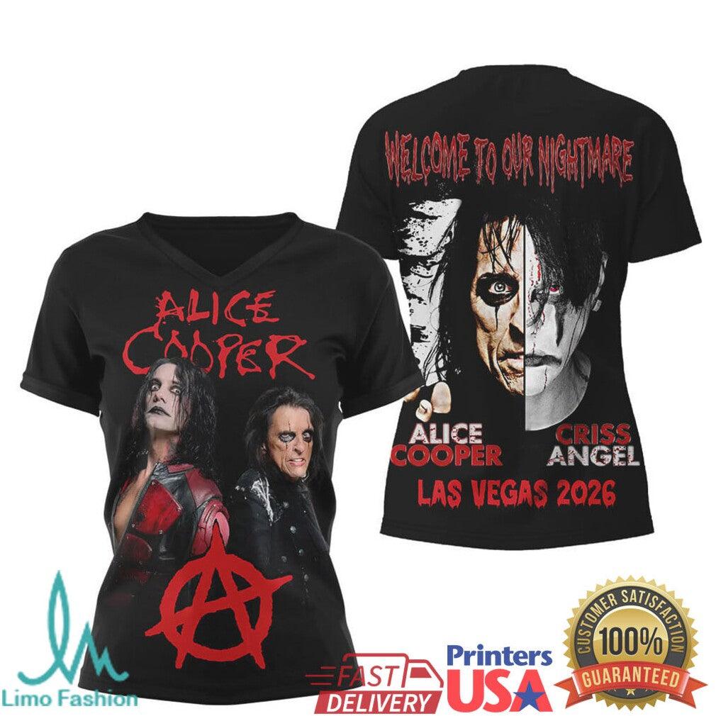 Alice Cooper & Criss Angel Las Vegas 2026 “Welcome To Our Nightmare” V Neck T Shirt - Limotees LLC