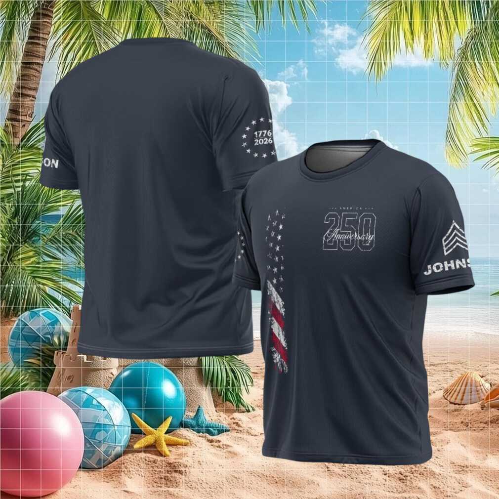 America 250th Anniversary Distressed Flag Custom Name & Rank T Shirt - Limotees LLC