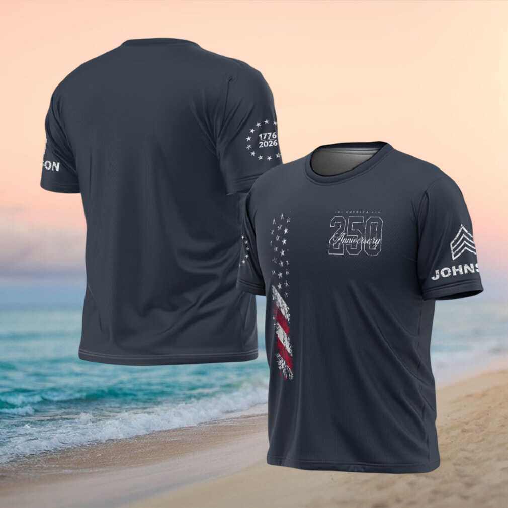 America 250th Anniversary Distressed Flag Custom Name & Rank T Shirt - Limotees LLC