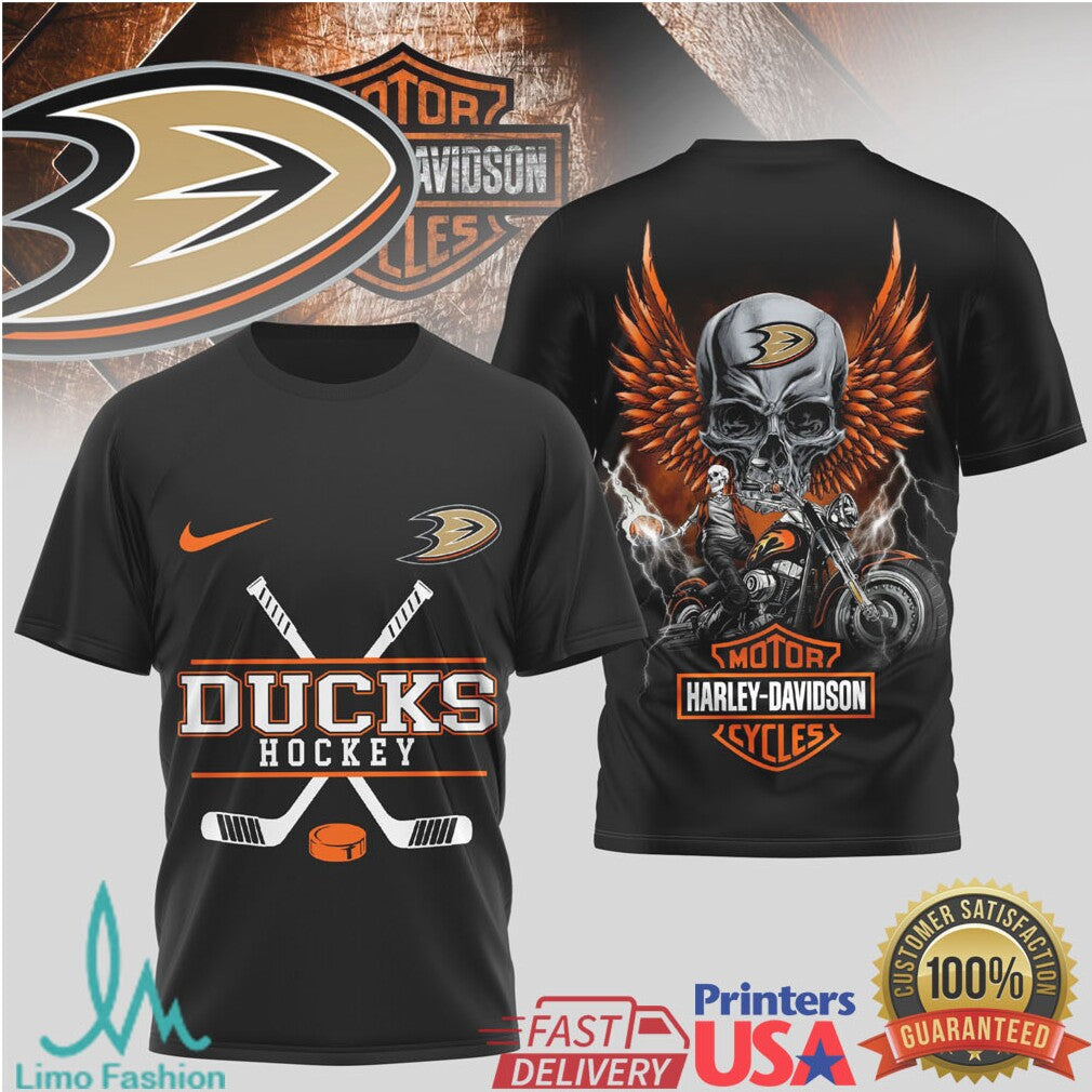 Anaheim Ducks Hockey x Harley Davidson Skull Wing Biker T Shirt - Limotees LLC