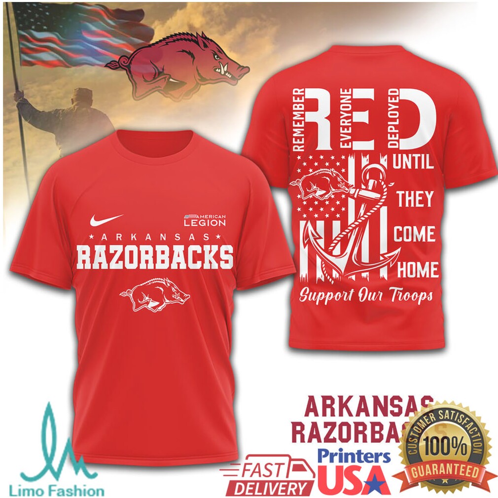 Arkansas Razorbacks RED Remember Everyone Deployed Military Support T Shirt - Limotees LLC