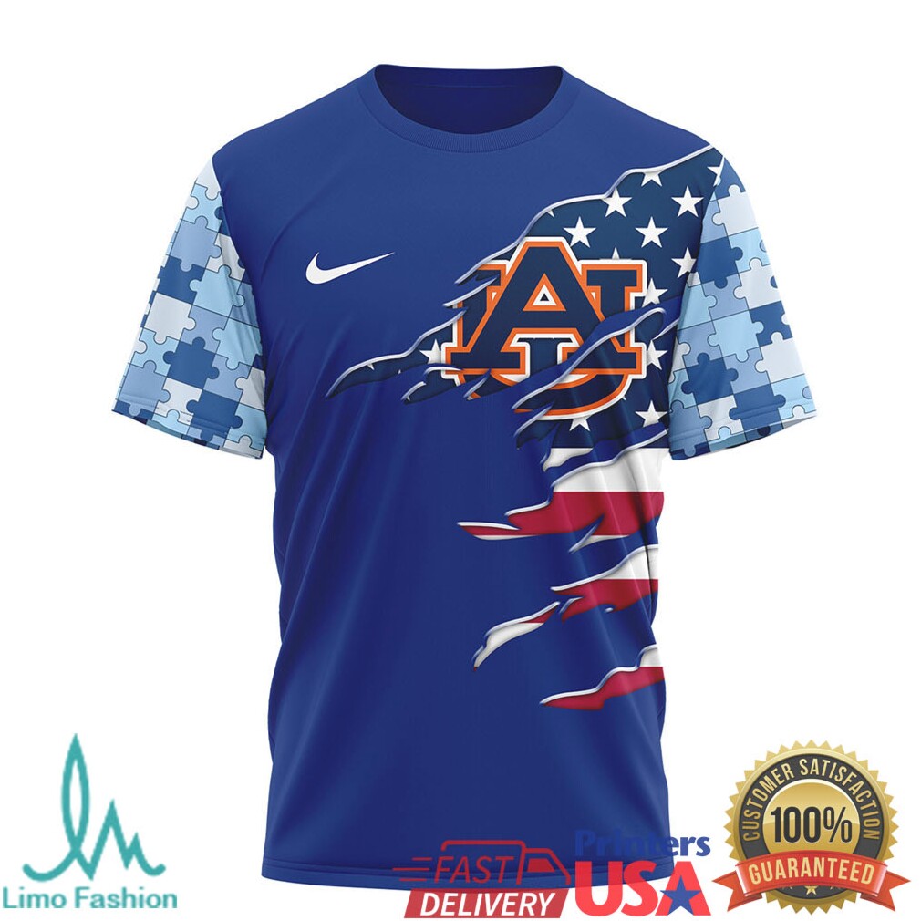 Auburn Tigers Autism Awareness I Wear Blue Torn USA Flag T Shirt - Limotees LLC