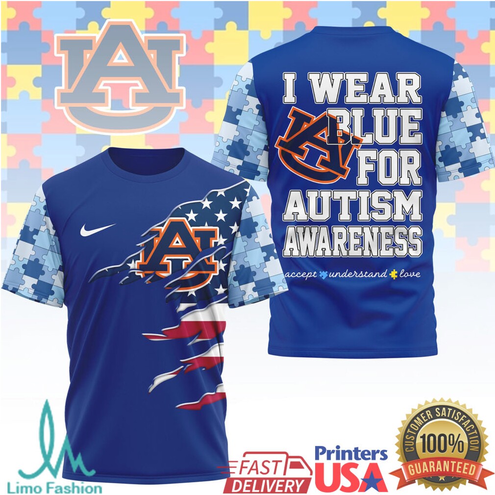 Auburn Tigers Autism Awareness I Wear Blue Torn USA Flag T Shirt - Limotees LLC
