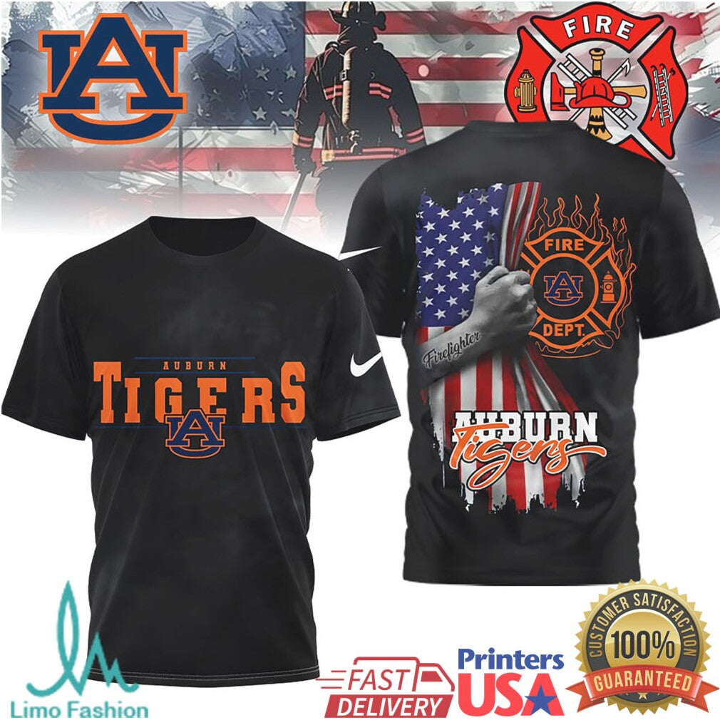 Auburn Tigers Firefighter American Flag Hero Graphic T Shirt - Limotees LLC