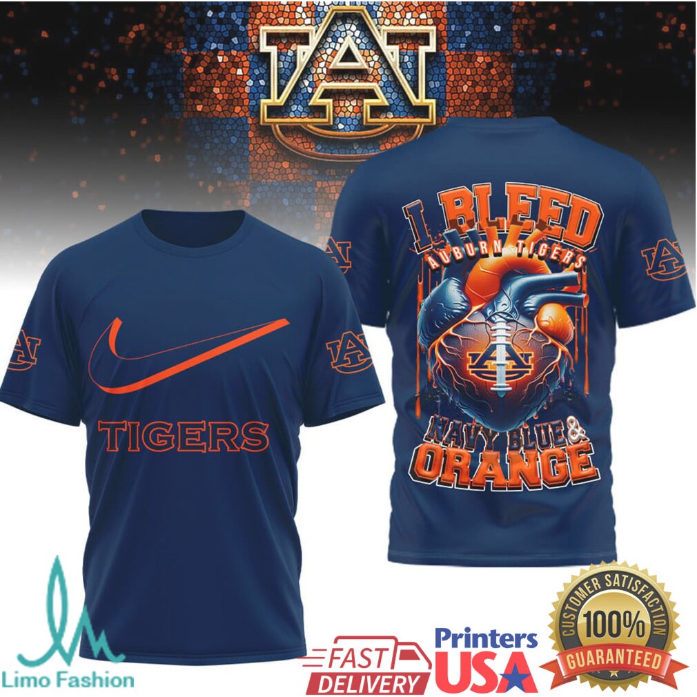 Auburn Tigers “I Bleed Navy Blue & Orange” Heart Football T Shirt - Limotees LLC