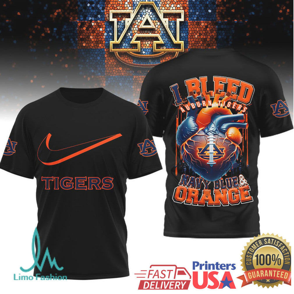 Auburn Tigers “I Bleed Navy Blue & Orange” Heart Football T Shirt - Limotees LLC