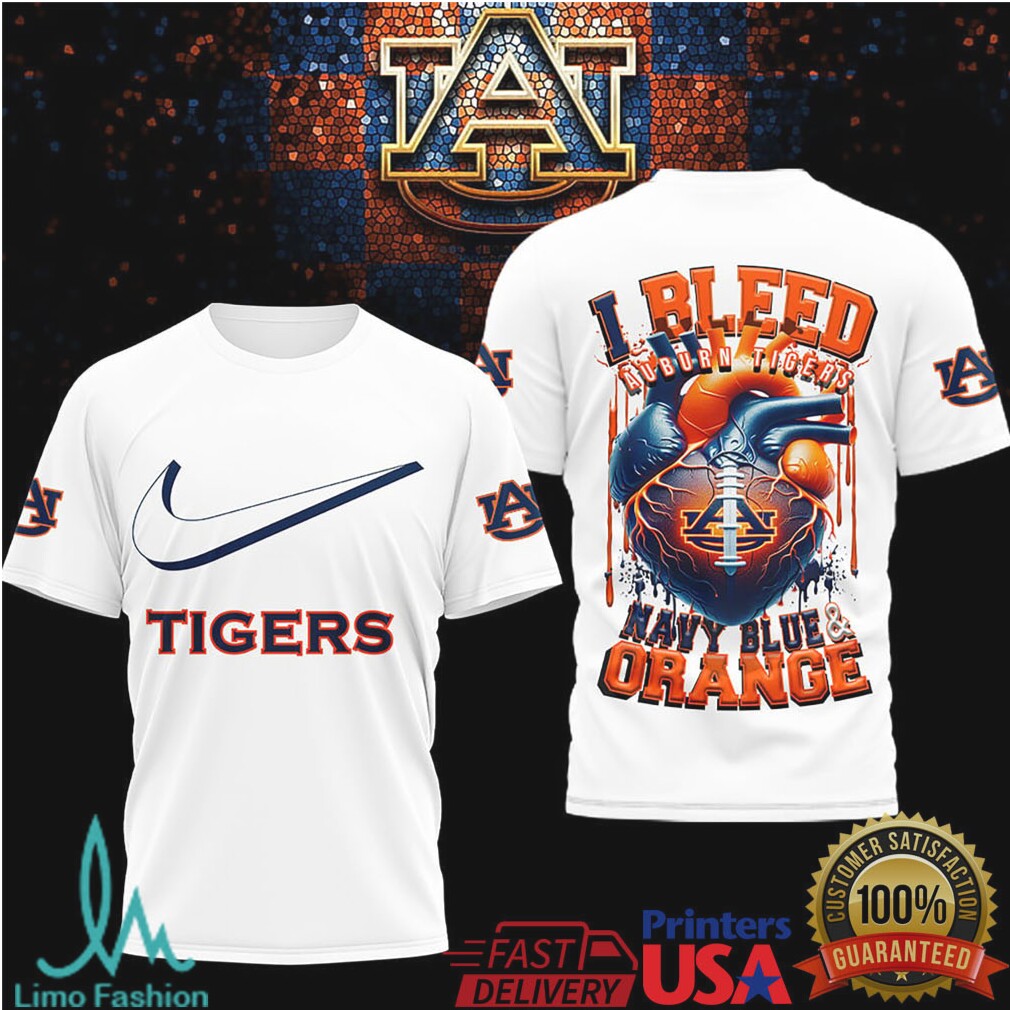 Auburn Tigers “I Bleed Navy Blue & Orange” Heart Football T Shirt - Limotees LLC