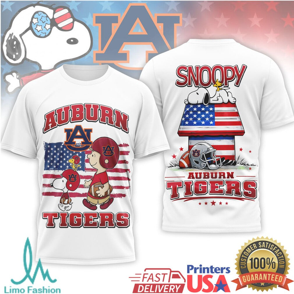 Auburn Tigers Snoopy & Charlie Brown Patriotic Football T Shirt - Limotees LLC