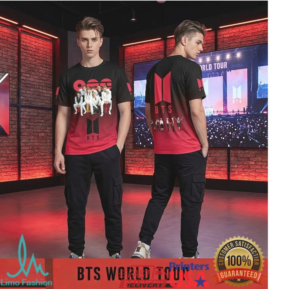 BTS World Tour 2026 Official Group Photo Red Gradient Graphic T Shirt - Limotees LLC