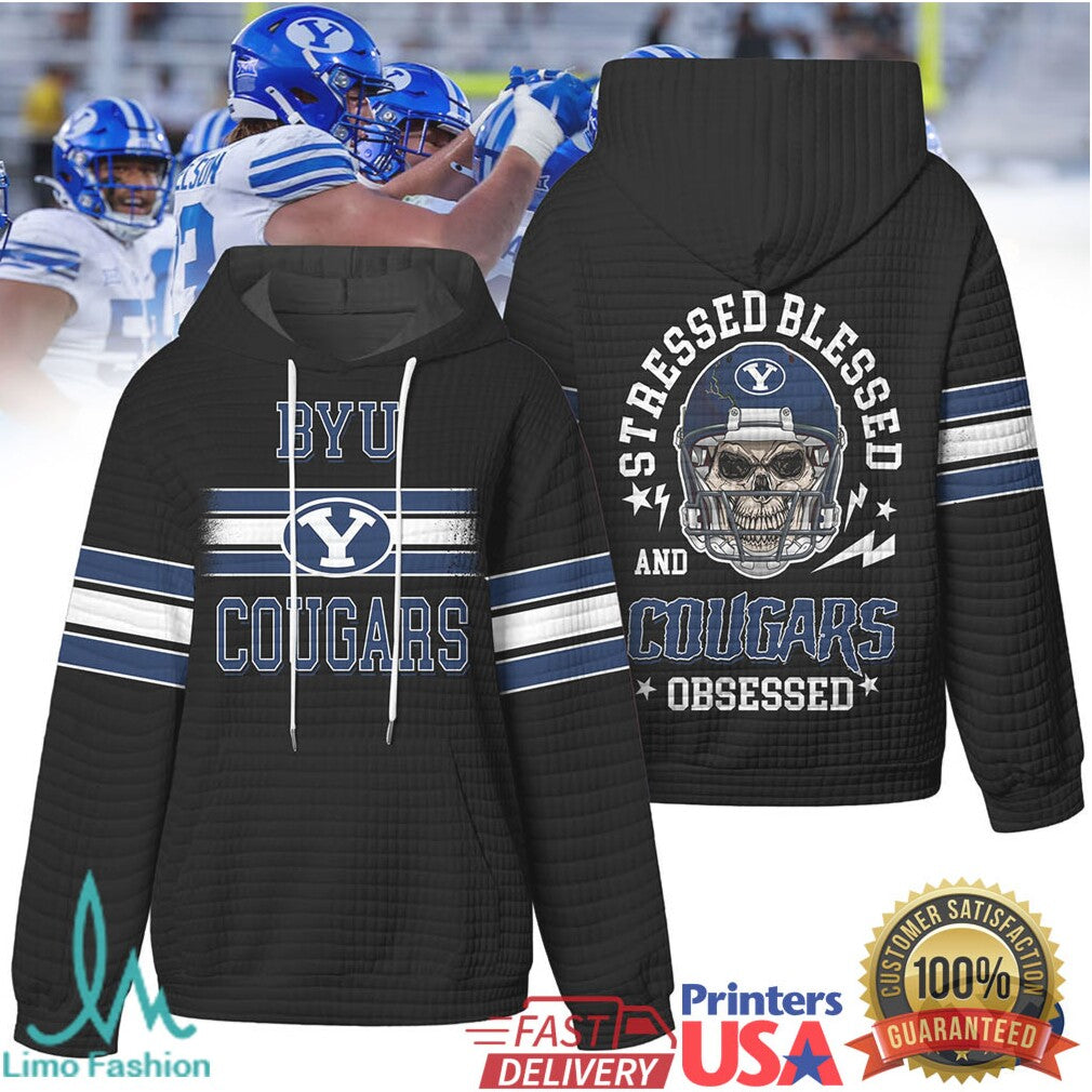BYU Cougars Stressed Blessed and Obsessed Football Skull Quilted T Shirt - Limotees LLC