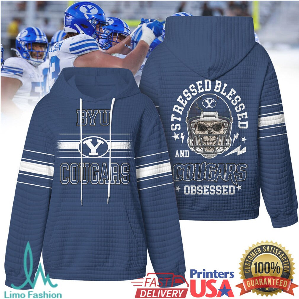 BYU Cougars Stressed Blessed and Obsessed Football Skull Quilted T Shirt - Limotees LLC