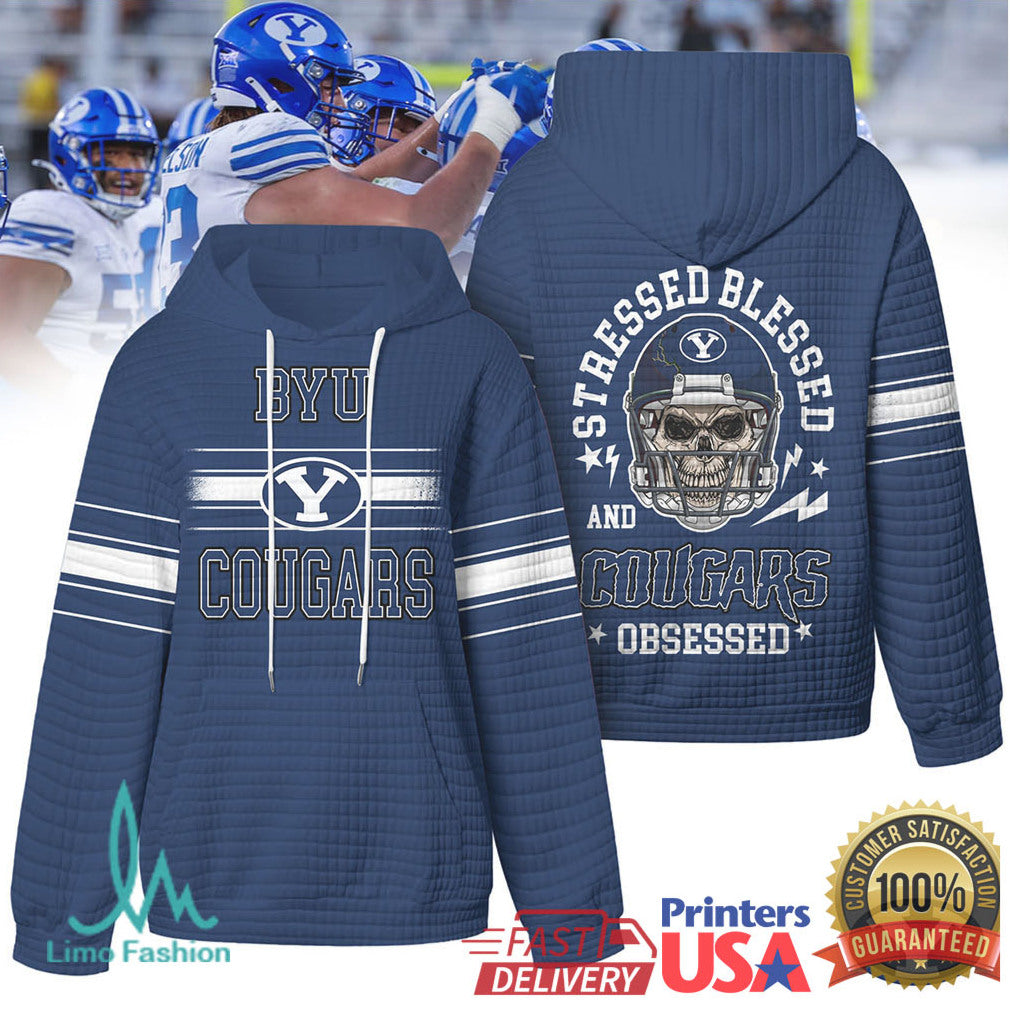 BYU Cougars Stressed Blessed and Obsessed Football Skull Quilted T Shirt - Limotees LLC
