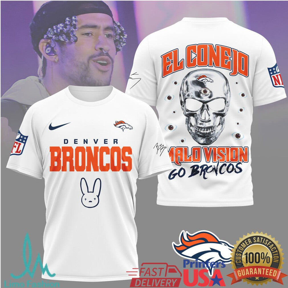 Bad Bunny El Conejo x Denver Broncos Malo Vision NFL Graphic T Shirt - Limotees LLC