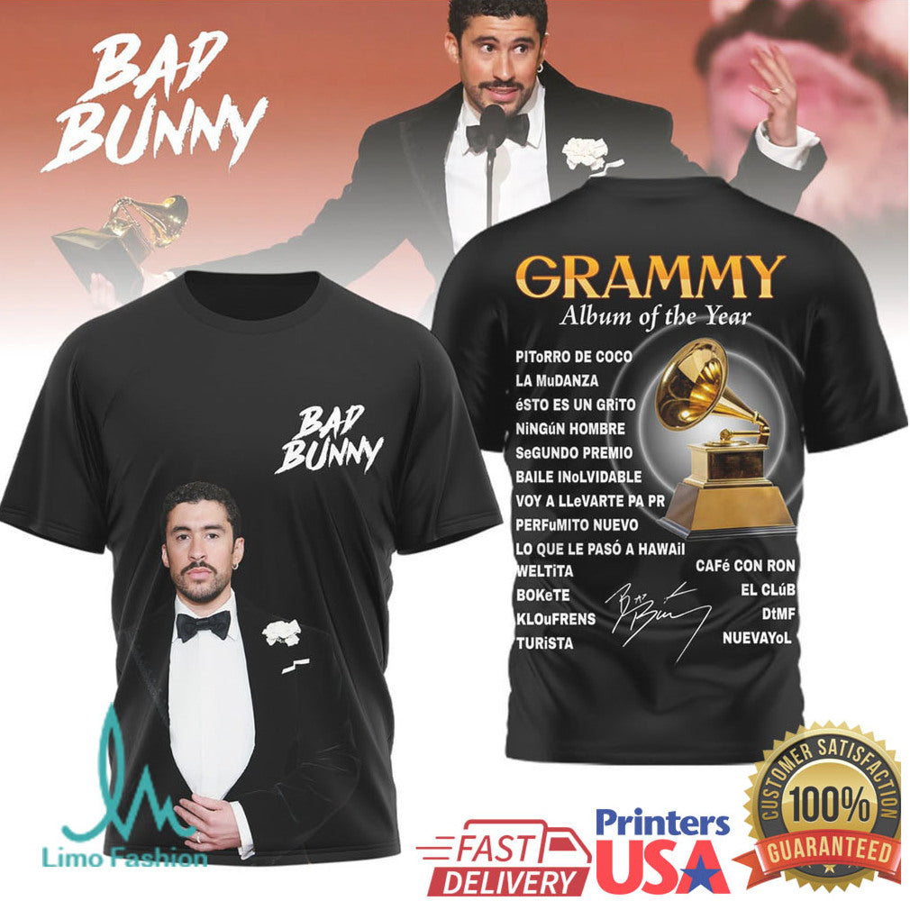 Bad Bunny Grammy Award Winner 2026 Black Tuxedo Graphic Tee - Limotees LLC