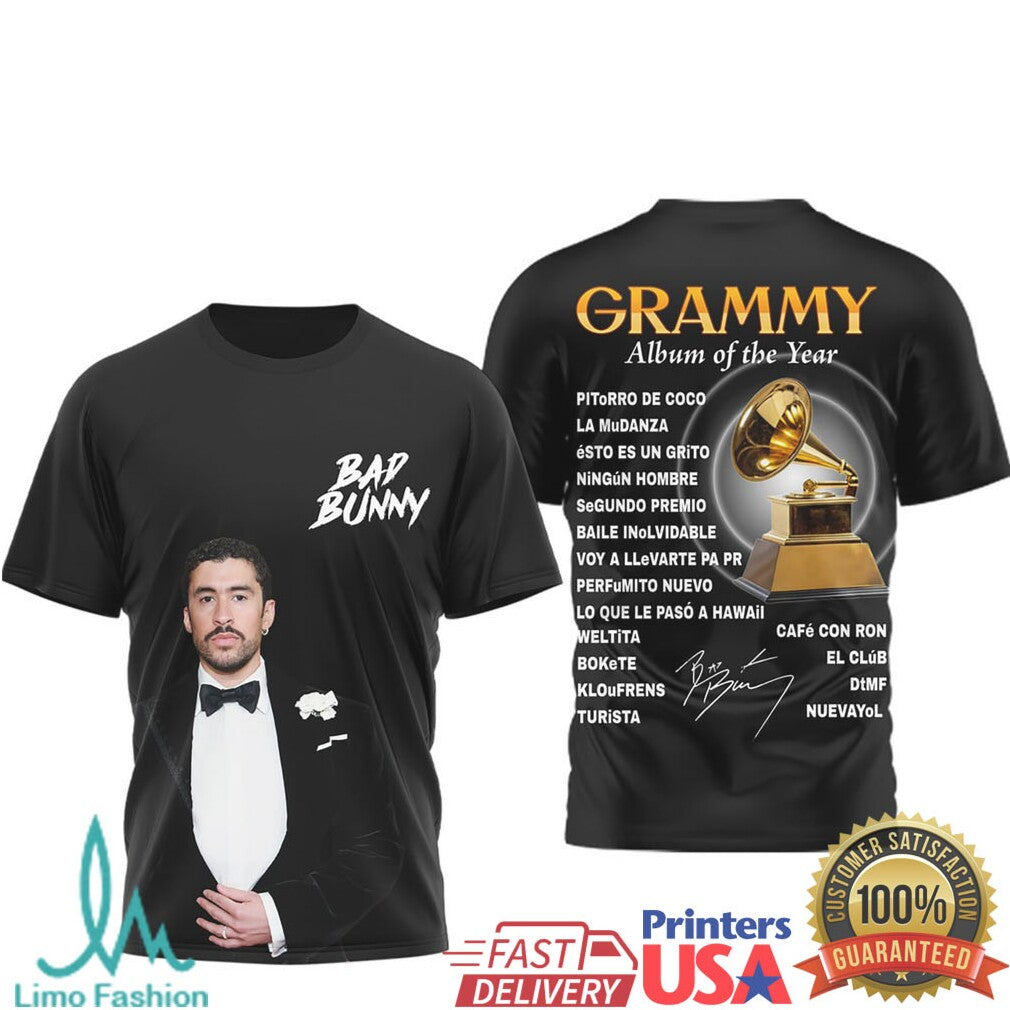 Bad Bunny Grammy Award Winner 2026 Black Tuxedo Graphic Tee - Limotees LLC