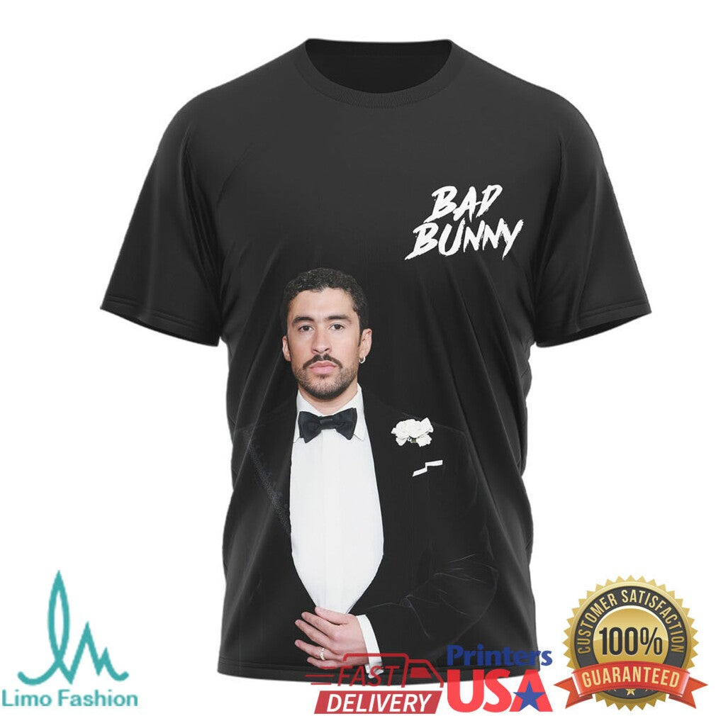 Bad Bunny Grammy Award Winner 2026 Black Tuxedo Graphic Tee - Limotees LLC