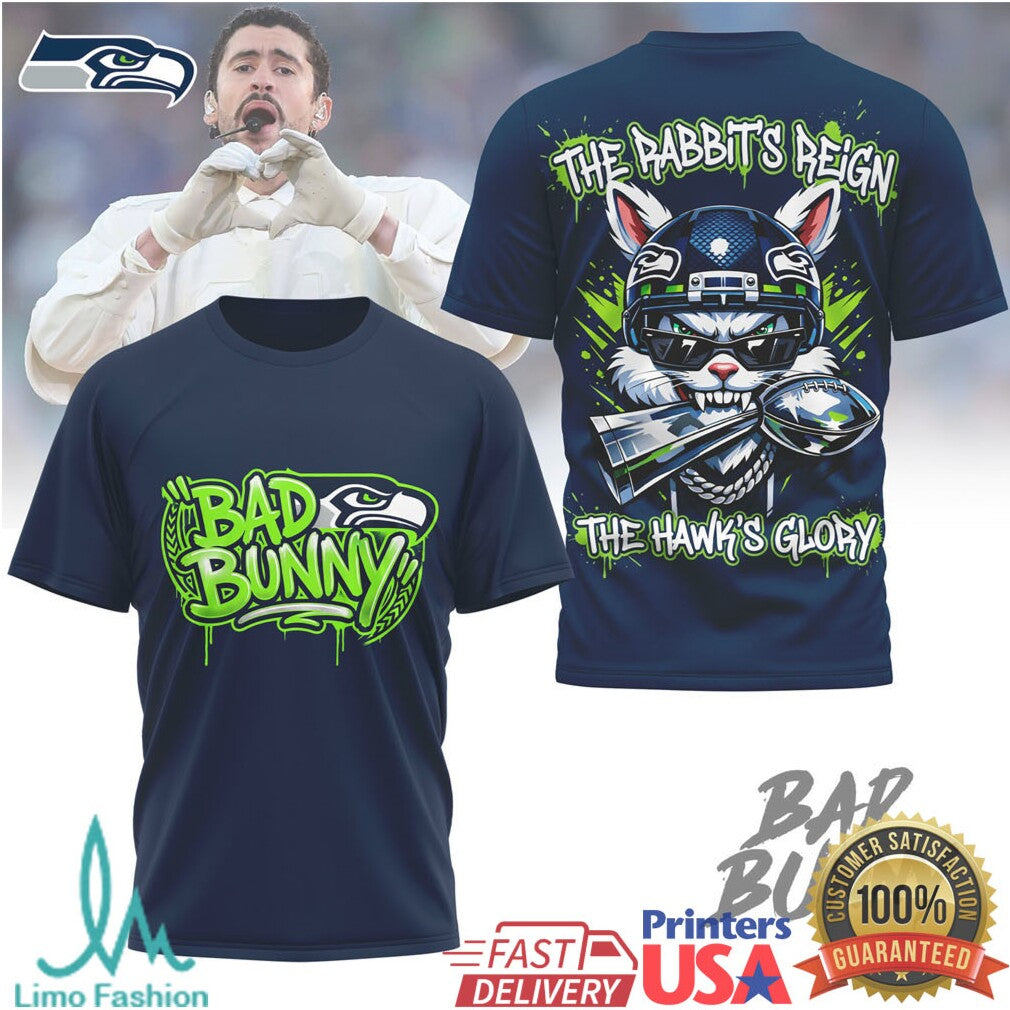 Bad Bunny x Seattle Seahawks “The Rabbit's Reign” Mashup T Shirt - Limotees LLC