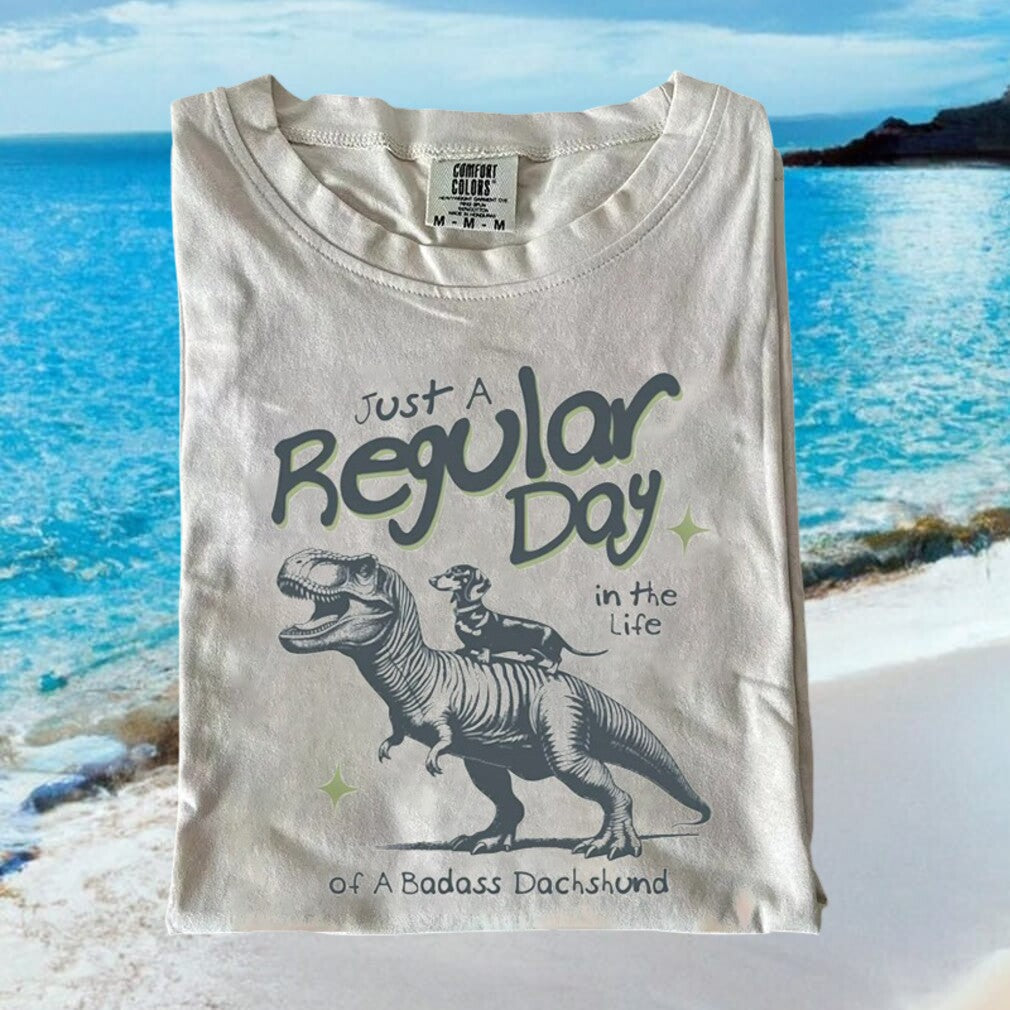 Badass Dachshund Riding T Rex Funny Dinosaur Dog Graphic T Shirt - Limotees LLC