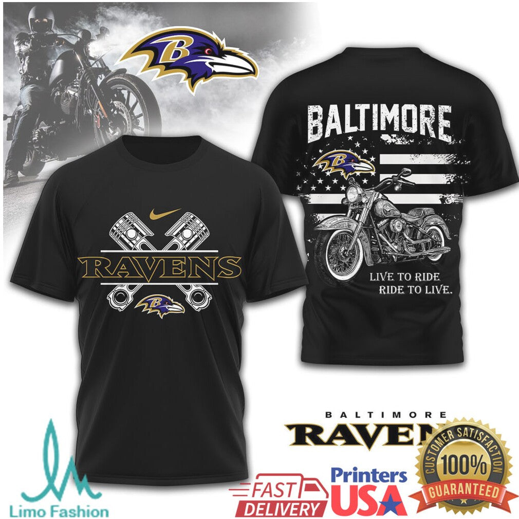 Baltimore Ravens Biker Style “Live to Ride” Motorcycle Graphic T Shirt - Limotees LLC
