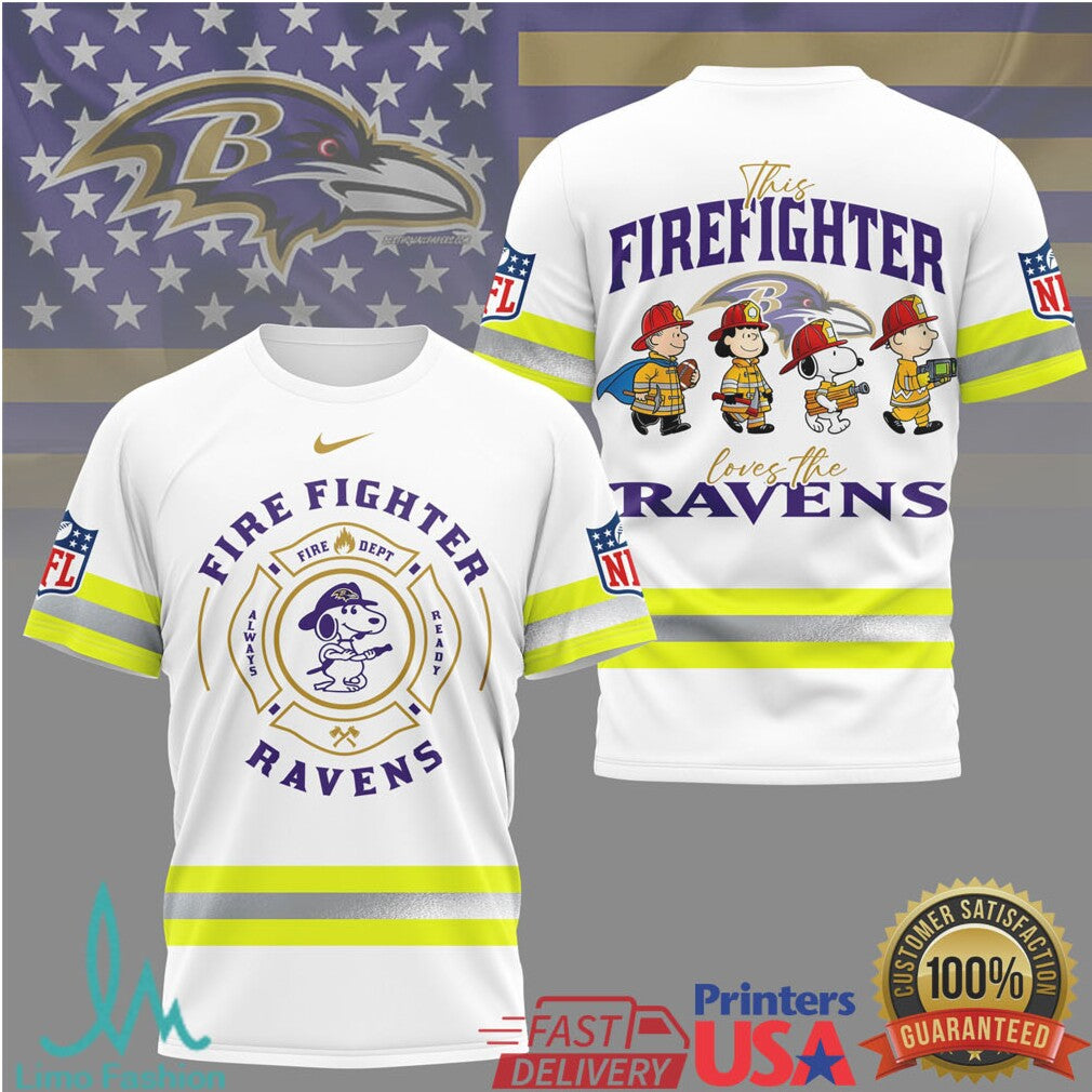 Baltimore Ravens Firefighter Snoopy & Peanuts Fans NFL T Shirt - Limotees LLC