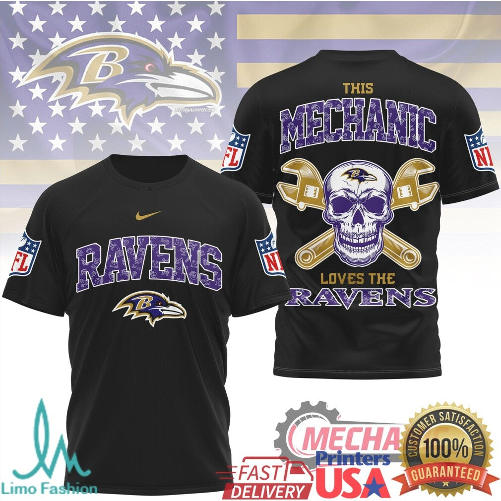 Baltimore Ravens Mechanic Skull Purple Flag Sports T Shirt - Limotees LLC