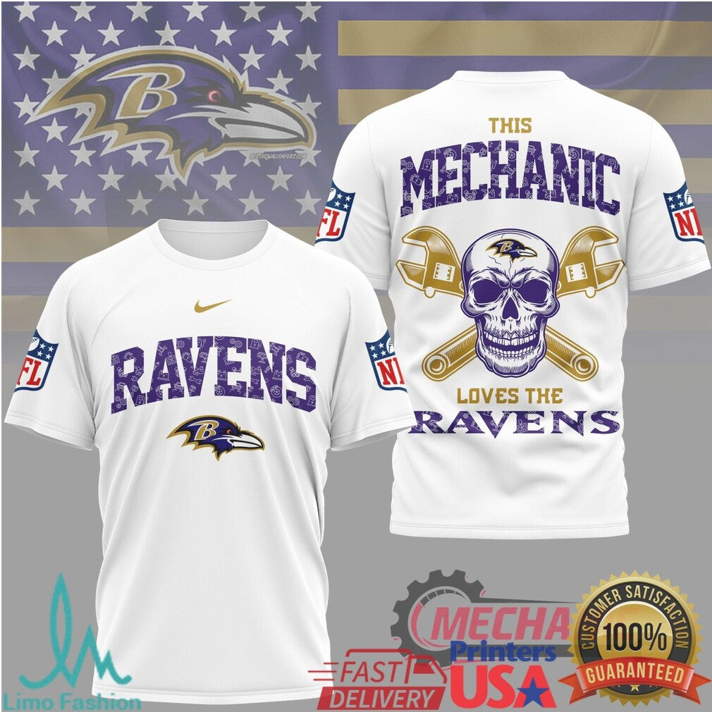 Baltimore Ravens Mechanic Skull Purple Flag Sports T Shirt - Limotees LLC