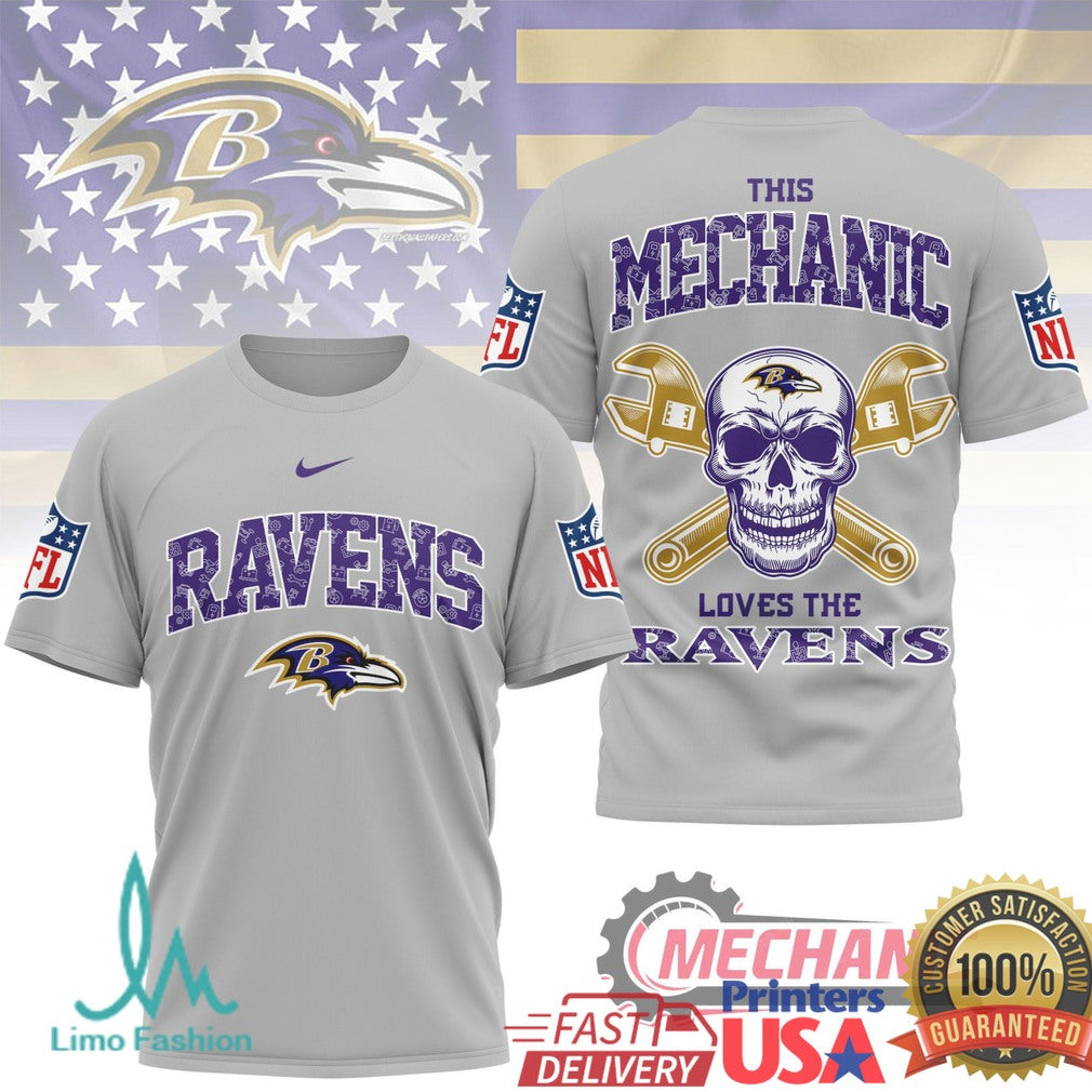 Baltimore Ravens Mechanic Skull Purple Flag Sports T Shirt - Limotees LLC