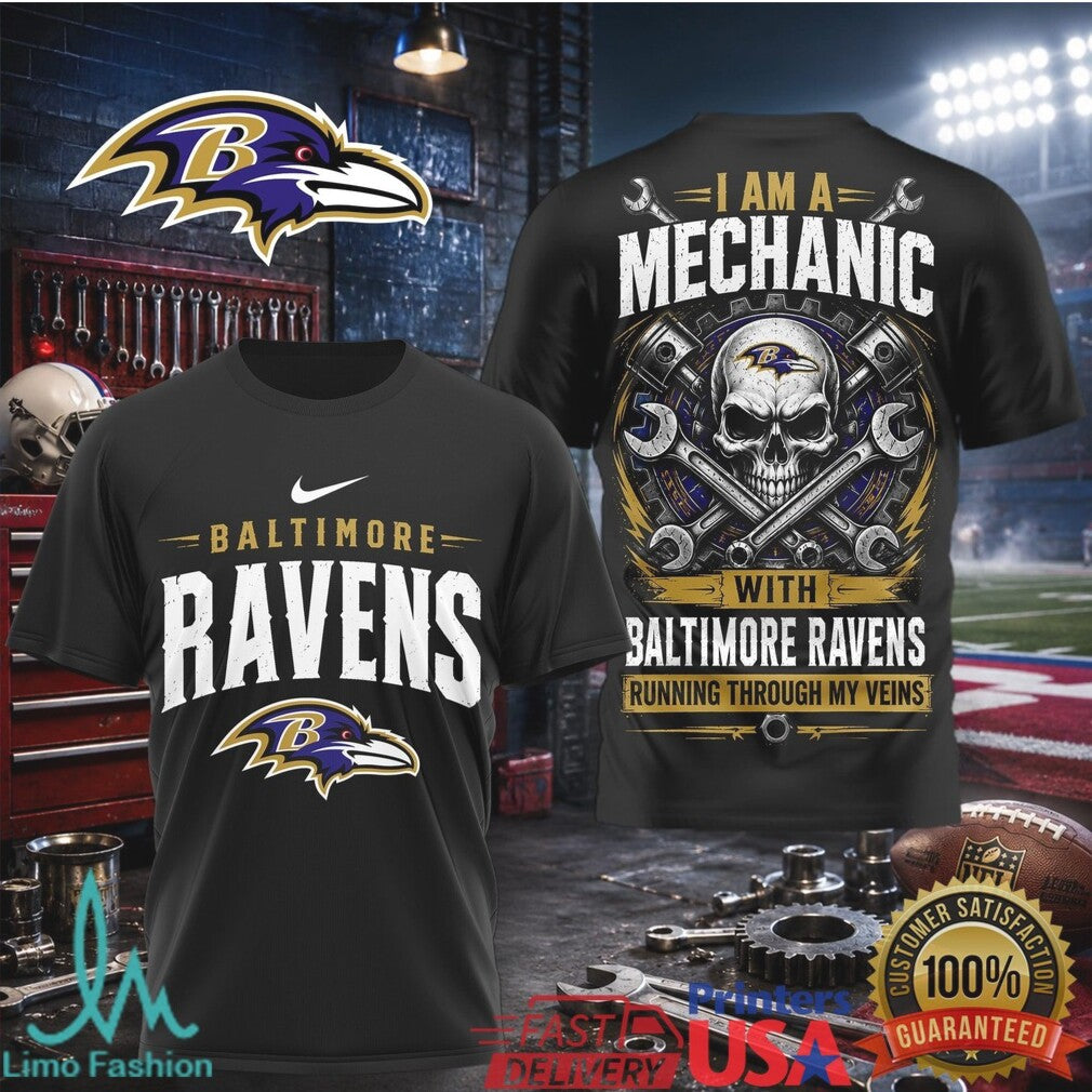 Baltimore Ravens Mechanic Skull Running Through My Veins T Shirt - Limotees LLC