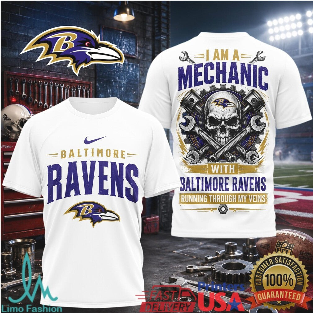 Baltimore Ravens Mechanic Skull Running Through My Veins T Shirt - Limotees LLC