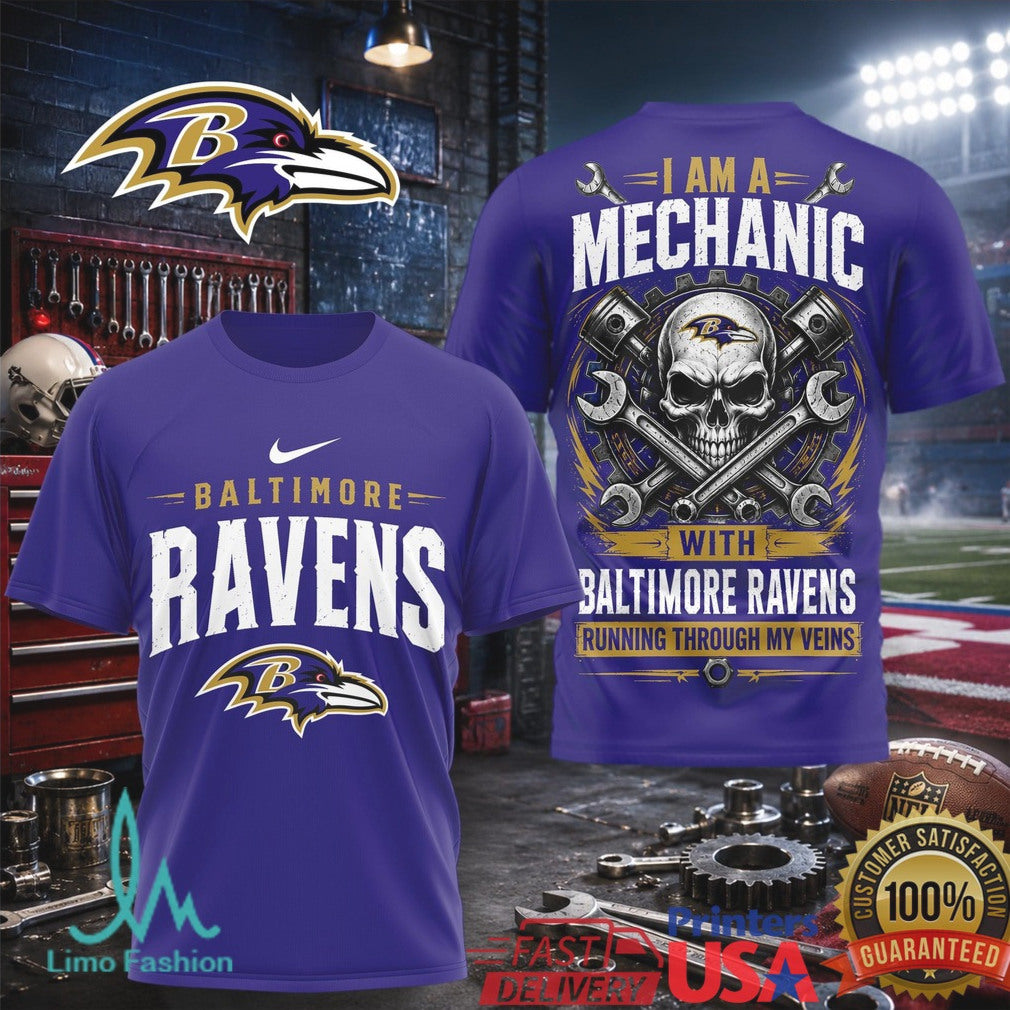 Baltimore Ravens Mechanic Skull Running Through My Veins T Shirt - Limotees LLC